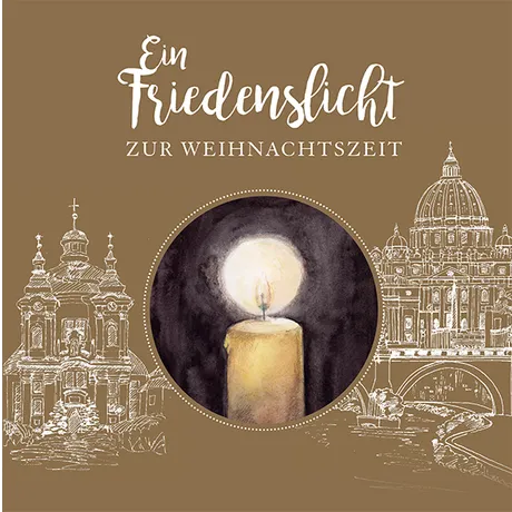 6c8a1aa2bbc7fdbb361e33b0dd84c8005473077a.jpg Österreichische Post Weihnachtsmotiv: Eine brennende Kerze mit 'Ein Friedenslicht zur Weihnachtszeit' und Kirchenillustrationen.