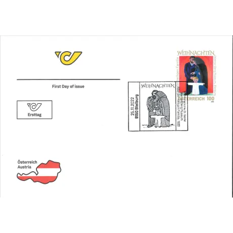 51a9c8427b640076e6685017c62356d5ef81d5ae.jpg First day cover with Austrian Post stamp 'Austria 2022, Nominal 1.00 Euro: Holy Family, Werner Berg Museum Bleiburg'.