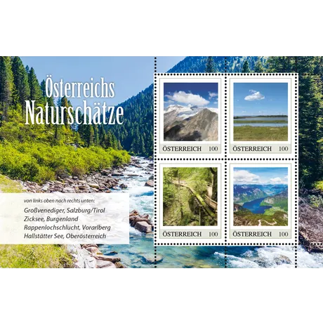 Four stamps from the “Austria’s Natural Treasures” series over river landscape with grey background.