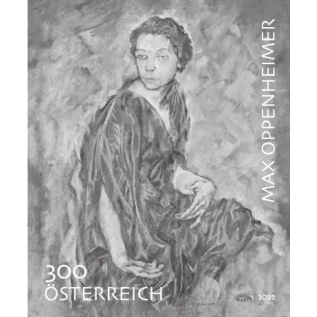 c92d06bed700a41a01c85b9e1a8ecb7d92253e0d.jpg Briefmarke Österreich 2023, Nominale 3,00 Euro: Porträt von Max Oppenheimer in Grautönen.