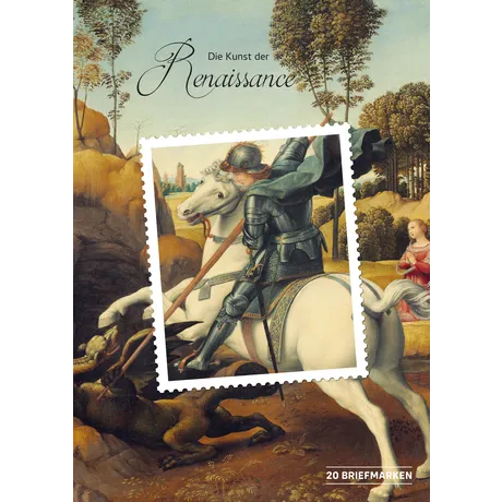 Austrian Post stamp sheet 'The Art of the Renaissance' featuring a knight on horseback slaying a dragon. 20 stamps.