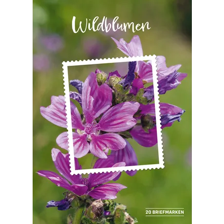 Briefmarkenbogen der Österreichischen Post mit violetten Wildblumen, Titel 'Wildblumen', 20 Briefmarken.