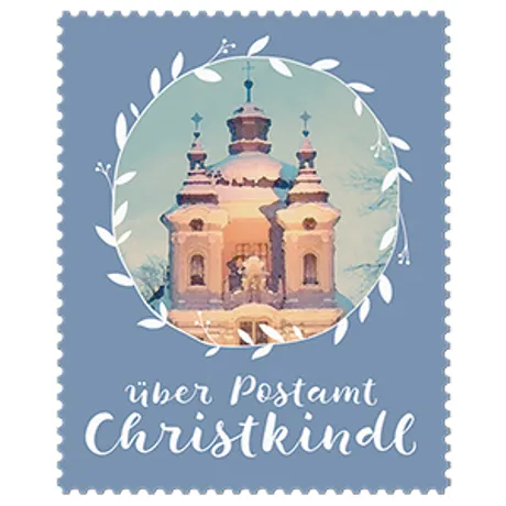 Additional stamp Via Post Office Christkindl shows baroque Christkindl church in winter scenery framed by decorative white wreath blue background elegant typography at bottom Austria issue Christmas series Additional stamp Via Post Office Christkindl shows baroque Christkindl church in winter scenery framed by decorative white wreath blue background elegant typography at bottom Austria issue Christmas series