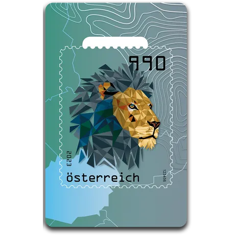Austrian stamp 2023, nominal value 9.90 euros: geometric lion design on a green background with contour lines.