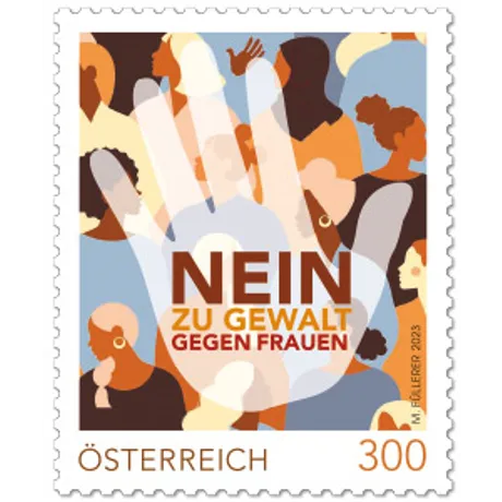 Briefmarke Österreich 2023, Nominale 3,00 Euro: 'Nein zu Gewalt gegen Frauen' mit Silhouetten und Hand-Symbol.