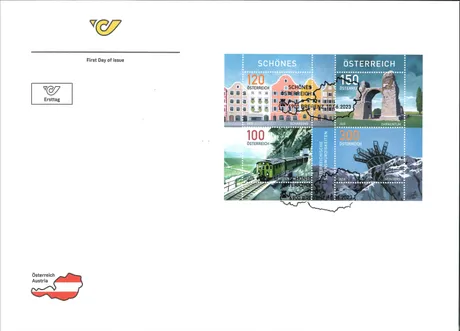 FDC_Schönes Österreich_0623 Ersttagsbrief mit Briefmarken Österreich 2023: Schärding (1,20€), Carnuntum (1,50€), Zug (1,00€), Seegrotte (3,00€).