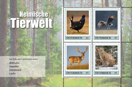 Austrian Post 2023 stamp set 'Native Wildlife' featuring black grouse, sea eagle, fallow deer, and lynx, €0.85 each.