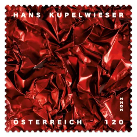 43d66c5ecbd1384d239773e8a7e64babfbccef11.jpg Austrian stamp 2023, nominal value 1.20 Euro: Artwork by Hans Kupelwieser with crumpled red metallic texture.