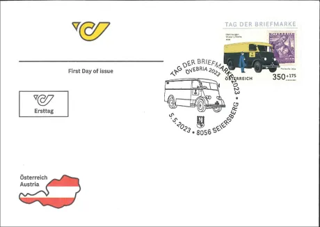 dc98f020c06d7656604dab991dc1333f4dd68274.jpg Ersttagsbrief mit Briefmarke Österreich 2023 'Tag der Briefmarke', zeigt Elektro-Postwagen von 1935 und Stempel aus Seiersberg.