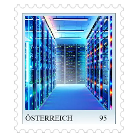 Briefmarke Österreich 2023, Nominale 0,95 Euro: Rechenzentrum mit beleuchteten Server-Racks in Blautönen.