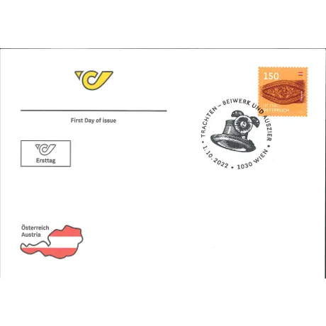 FDC_DM-150 Ötztal_1022 Austrian Post first day cover with 2022 stamp 'Ötztal Austria, 1.50 Euro' and postmark 'Trachten - Beiwerk und Auszier'.