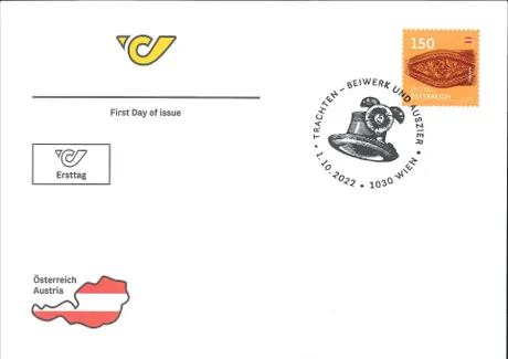 FDC_DM-150 Ötztal_1022 Ersttagsbrief der Österreichischen Post mit Briefmarke 2022 'Ötztal Österreich, 1,50 Euro' und Stempel 'Trachten - Beiwerk und Auszier'.