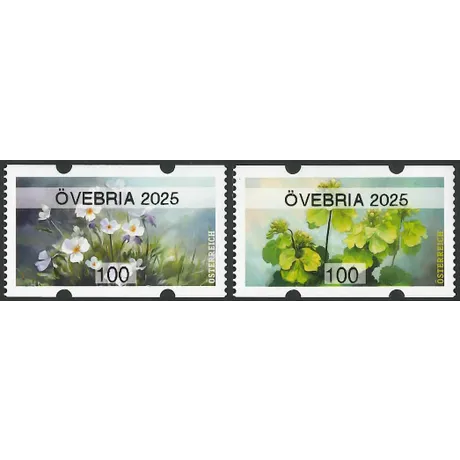 ÖVEBRIA 25 Austrian Post stamps 2025, nominal value 1.00 Euro: floral motifs with violets and green leaves, labeled 'ÖVEBRIA 2025'.