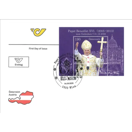 Ersttagsbrief der Österreichischen Post mit Briefmarke 2023 zu Papst Benedikt XVI., Nominale 1,90 Euro.