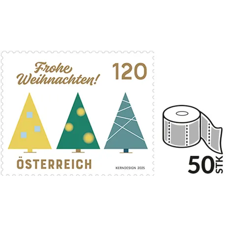 Roll of 50 stamps – Design: Three stylized Christmas trees in yellow, green, and blue with the text ‘Frohe Weihnachten!’ and denomination 120. Design by KERNDESIGN 2025