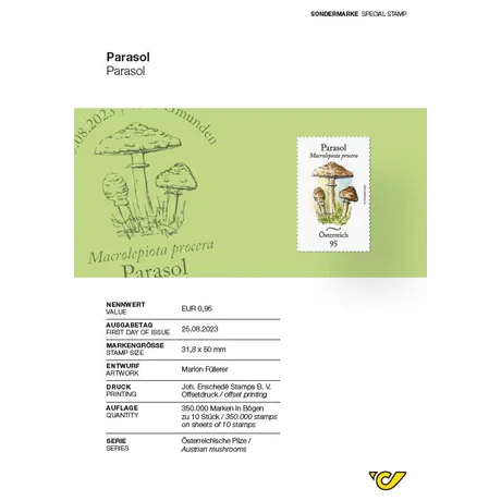 f6be4d60dedaec40c6323a076dc8b98f4760e2c0.jpg Austrian Post stamp 2023, nominal value €0.95: Parasol mushroom illustration, part of 'Austrian mushrooms' series.