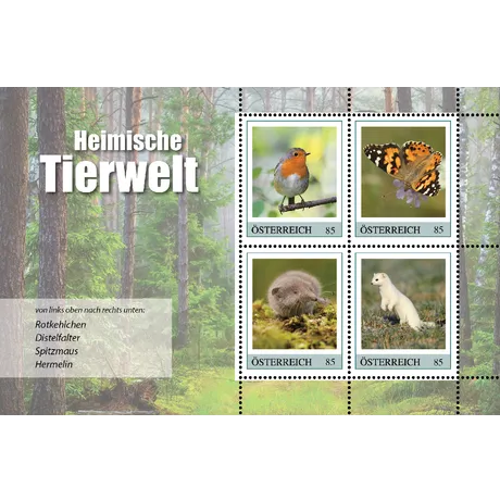 7b049fefbee9153377f58832597a3d866e31a6a1.png Austrian Post 2023 stamp set 'Native Wildlife,' €0.85 each: Robin, Painted Lady butterfly, shrew, and stoat.
