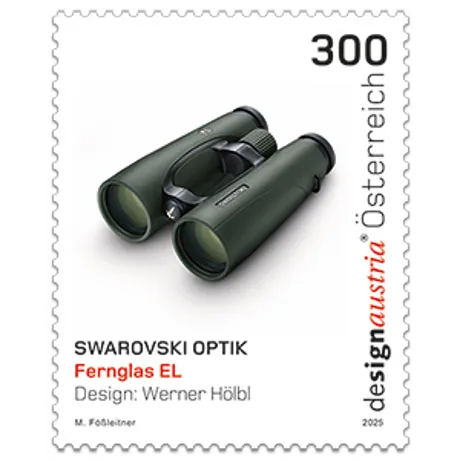 Stamp featuring a Swarovski Optik EL binocular in green. Designed by Werner Hölbl, year 2025, denomination 300.