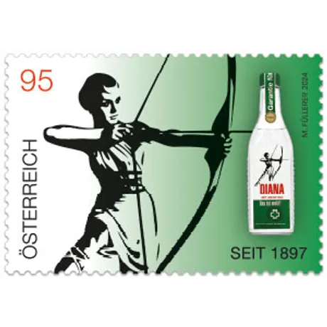 Briefmarke Österreich 2024, Nominale 0,95 Euro: Diana-Kräuterlikör mit Bogenschützin und Flaschendesign, Grüntöne.