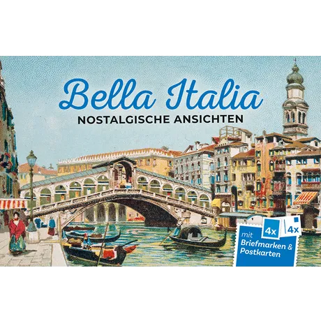 624009_Cover 800px Österreichische Post-Produkt 'Bella Italia: Nostalgische Ansichten' mit 4 Briefmarken und 4 Postkarten, Motiv Rialtobrücke in Venedig.