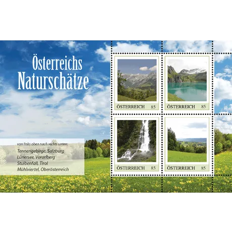 Briefmarkenblock Österreich 2023, 'Österreichs Naturschätze,' mit Tennengebirge, Lünersee, Stuibenfall und Mühlviertel, je 0,85 €.