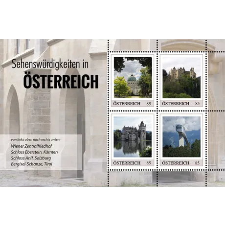 Austrian Post 2023 stamp set, €0.85 each: Vienna Central Cemetery, Eberstein Castle, Anif Castle, Bergisel Ski Jump.