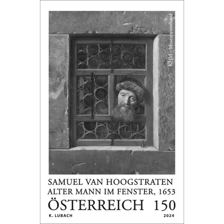 Briefmarke Österreich 2024, Nominale 1,50 Euro: &#039;Alter Mann im Fenster&#039; von Samuel van Hoogstraten, 1653, KHM-Sammlung.