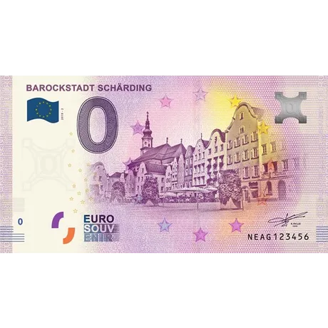 fa3c38e53c81d74f12a9d43acf500a2d4451d489.jpg Euro souvenir note with 'Baroque Town Schärding' design, featuring historic buildings and a purple color scheme.