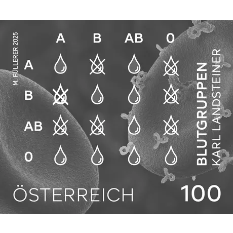 125 Jahre Entdeckung der Blutgruppen Briefmarke Österreich 2025, Nominale 1,00 Euro: Blutgruppen-Tabelle zu Ehren von Karl Landsteiner, schwarz-weißes Design.