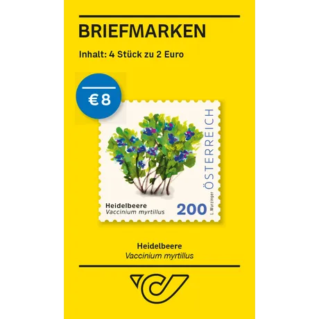 Yellow Austrian Post display with four €2 stamps. Shows bilberry (Vaccinium myrtillus) with green leaves and blue berries, “ÖSTERREICH” and postal horn logo visible.