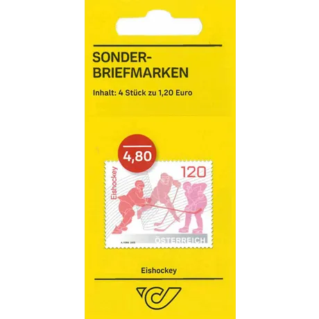 0425030 Sonderbriefmarken-Set der Österreichischen Post 'Eishockey', 4 Marken zu je 1,20 €, Gesamtwert 4,80 €, gelbe Verpackung.