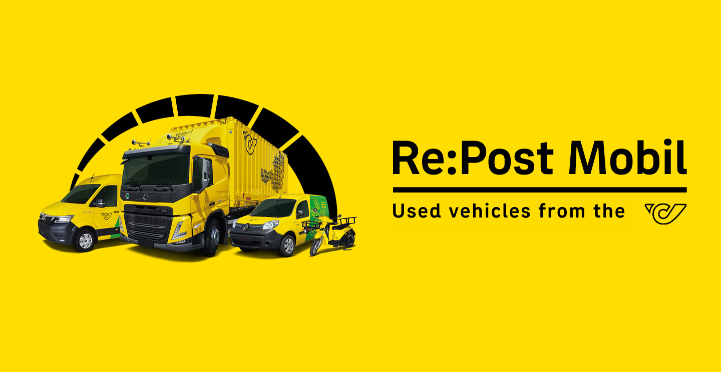Yellow Austrian Post vehicles, including a truck, van, and e-scooter, with 'Re:Post Mobil' text on a yellow background.