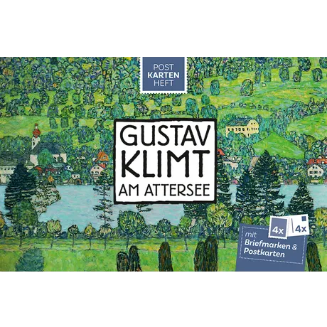 58c5fcc2b17272aa948ebb862e015c882c3a82e4.jpg Postkartenheft der Österreichischen Post 'Gustav Klimt am Attersee' mit 4 Briefmarken und 4 Postkarten, malerische Landschaft.