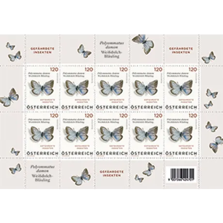 3 Briefmarkenbogen Österreich 2023, Nominale 1,20 €: Gefährdeter Schmetterling Polyommatus damon, weißer Hintergrund.