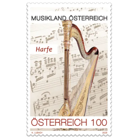 Postage stamp featuring a harp with musical notes in the background. The top reads ‘MUSIKLAND ÖSTERREICH’, to the left of the harp is the word ‘Harfe’, and at the bottom ‘ÖSTERREICH 100’. The corners show ‘K. LUBACH’ and ‘2025