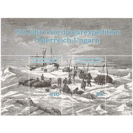 Briefmarkenblock Österreich 2022: 150 Jahre Nordpolarexpedition Österreich-Ungarn, Nominale 2,10 € und 0,85 €.