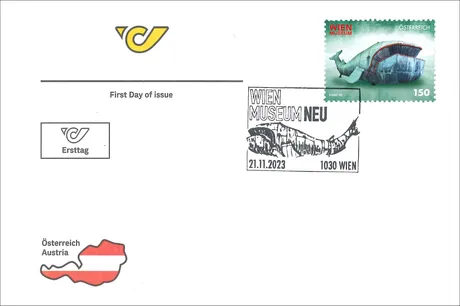 First Day Cover with Austrian Post stamp 2023, €1.50: Vienna Museum whale sculpture, postmarked 21.11.2023.