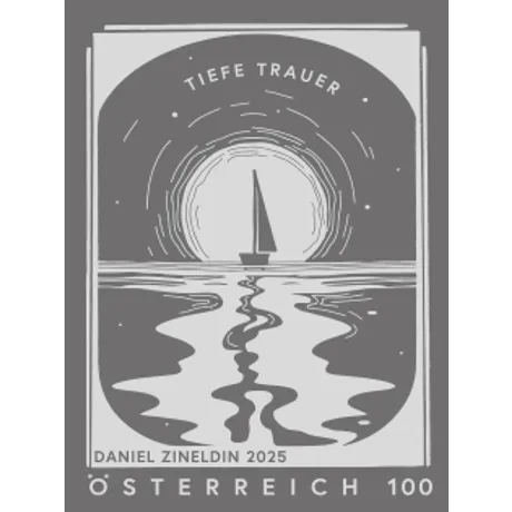SD_Trauer_0425 Briefmarke Österreich 2025, Nominale 1,00 Euro: 'Tiefe Trauer' mit Segelboot und mondbeschienenem Wasser.