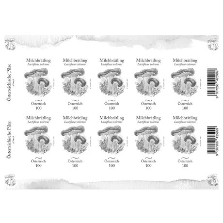 Miniature sheet with ten stamps of mushroom Lactifluus volemus. Nominal 100, Austria, year 2025.
