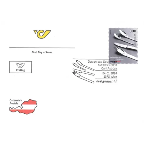 3343c5029dad3a007bfdff6f2cbb6f510a9e0b9e.png First day cover with Austrian Post stamp 'Austria 2024, Nominal 3.00 Euro: AMBOSS 2060 cutlery design by Carl Auböck'.