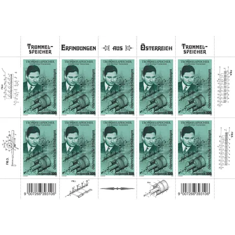 d206661073e85523a57ca55e902d32c895674da9.jpg Briefmarkenbogen Österreich 2023, Nominale 1,00 €: Gustav Tauschek und Trommelspeicher-Erfindung, grüner Hintergrund.