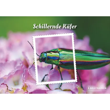 Briefmarkenserie der Österreichischen Post 'Schillernde Käfer' mit buntem Käfer auf rosa Blüten. Enthält 8 Briefmarken.
