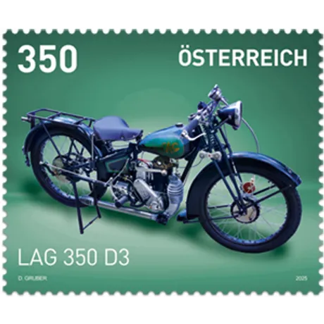 225140-Motorrad-ONLINESHOP Austrian stamp 2023, nominal value 3.50 euros: LAG 350 D3 motorcycle on a green background.