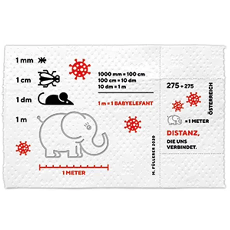 Briefmarke Österreich 2020, Nominale 2,75 Euro: COVID-19-Thema mit Babyelefant als Symbol für 1-Meter-Abstand.