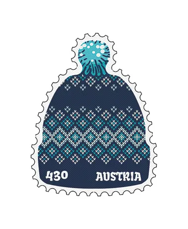 Austrian Post stamp 2023, nominal value 4.30 euros: winter hat design in blue and white.
