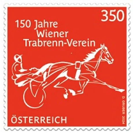 224230-Trabrennverein-0524 Briefmarke Österreich 2002, Nominale 3,50 Euro: 150 Jahre Wiener Trabrenn-Verein, rot mit Pferd und Sulky-Motiv.