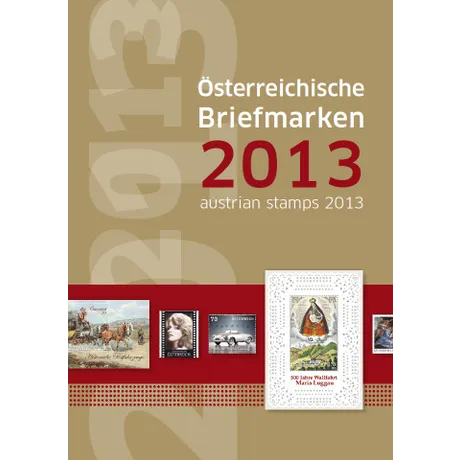 dd2bdd69b7fd2badcef2619e07314b118fb9aa17.jpg Titelbild der Briefmarkensammlung 2013 der Österreichischen Post mit verschiedenen Briefmarken auf rotem und beigem Hintergrund.