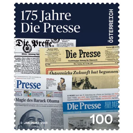 8d2bc9cc3682b90c006ff017254e03b80016f339.jpg Austrian stamp 2023, nominal value 1.00 Euro: '175 Years Die Presse' with historic newspaper covers.