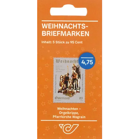 SM5_WN-Orgelkrippe Wagrain_1124 Austrian Post Christmas stamp set 2024, 5 stamps at €0.95 each, featuring the Wagrain organ nativity scene.