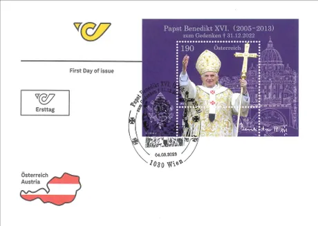 Austrian Post first day cover with a 2023 stamp commemorating Pope Benedict XVI, nominal value 1.90 euros.